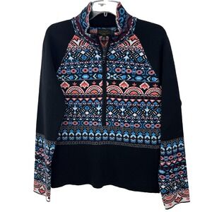 Icelandic Women's Sweater 1/2 Zip Fair Isle Size L Wool Blend Pockets Black Blue